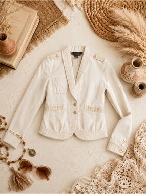 Like New Yansi Fugel Cream Cotton Boho Jacket Gold Buttons Size 4